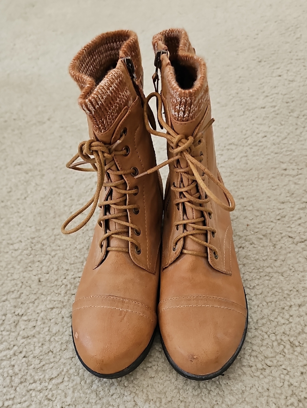 Bella Marie Tan Knit Cuff Ankle Boots Lace Up Side Zipper Size 8.5 - Picture 2 of 11